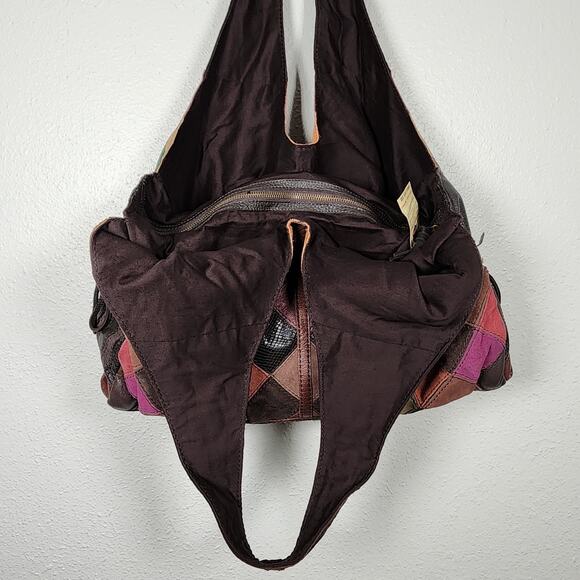 Lucky Brand Leather Patchwork Bag New Shoulder Tote Hobo Boho Large Colorful Vtg - Picture 6 of 12